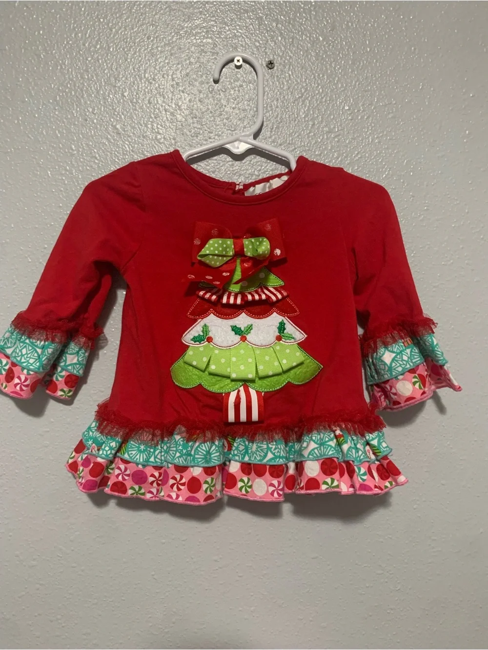 Rare Editions Red Long-Sleeve Christmas Tree Ruffle Top